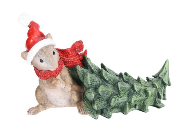 Maus mit Weihnachtsbaum ziehend Polyresin bemalt  B19 T8 H11cm