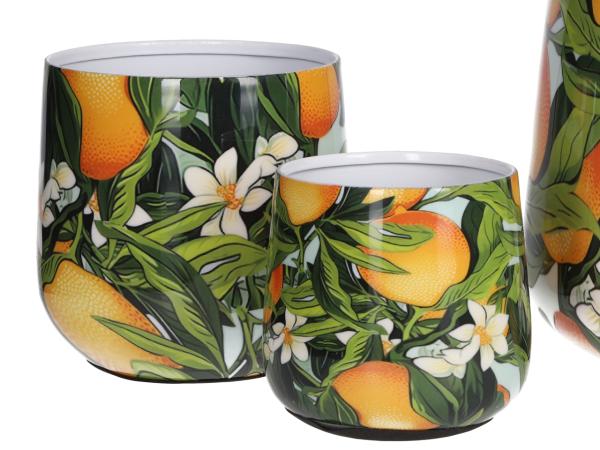 Topf Metall Druckmotiv Set2 Orange-Blüten emailliert 