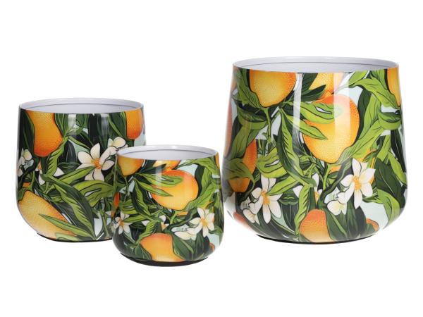 Topf Metall Druckmotiv Set3 Orange-Blüten emailliert D15/18/22 H14/16/20cm