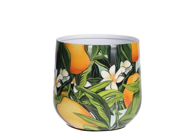 Topf Metall Druckmotiv Orange-Blüten emailliert D18 H16cm