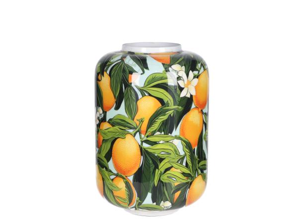 Bodenvase Metall Druckmotiv Orange-Blüten emailliert 