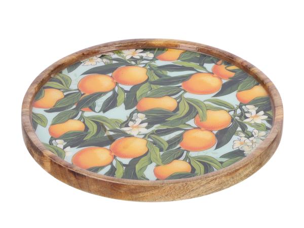 Tablett Mangoholz Druckmotiv Orange-Blüten (Lebensmittelecht) 